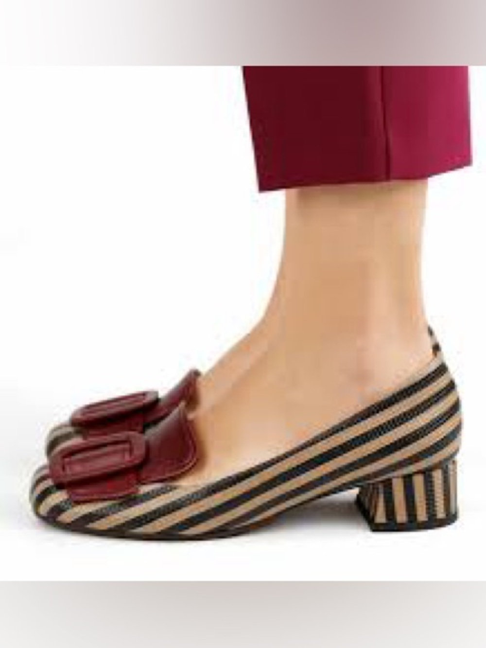 Chie Mihara Leather Striped Block Heel Buckle Pumps Size 7.5